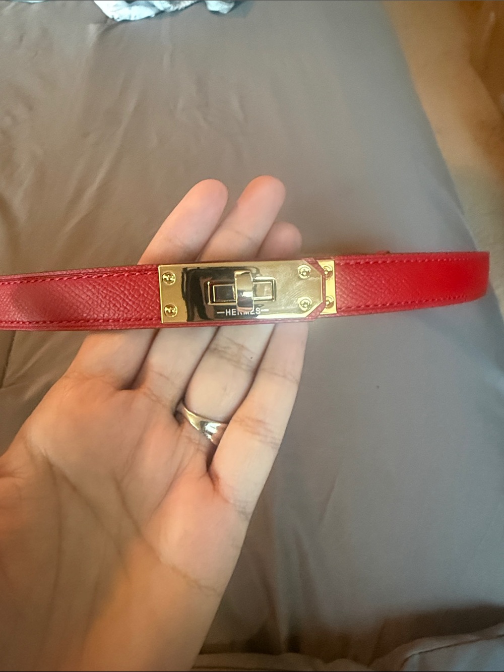 Red Leather Slim women’s Belt with Gold-Tone Hardware